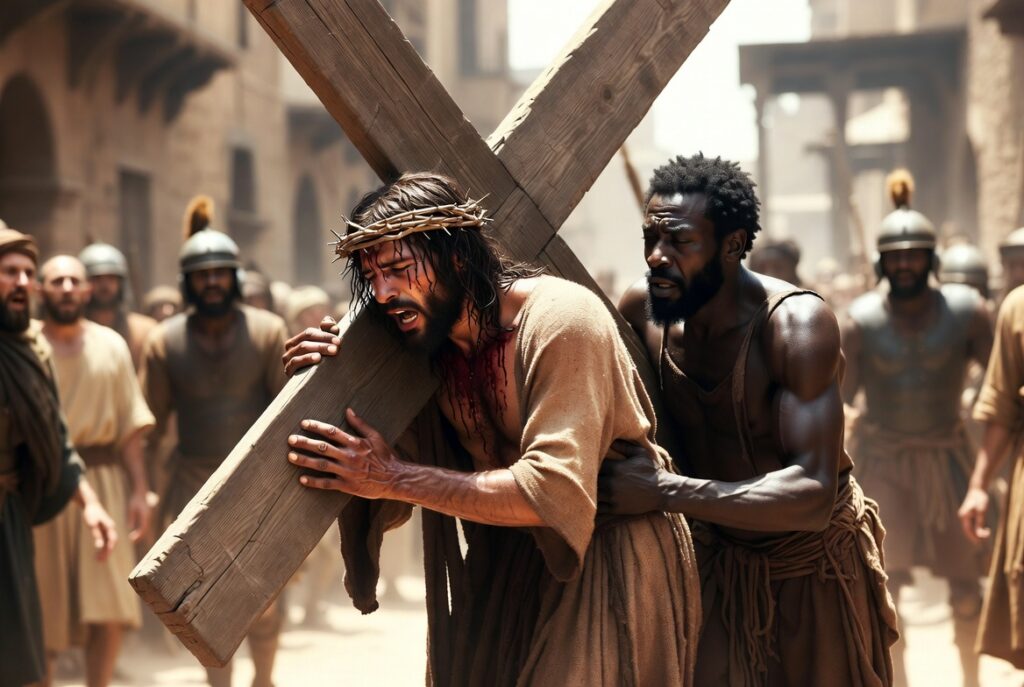 Simon of Syrene helping Jesus, the Christ carry the burden of the cross at Jerusalem on the road to Golgotha