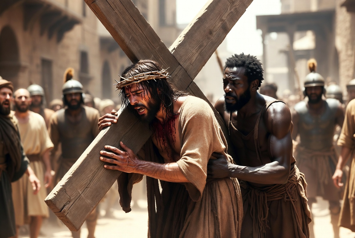 Simon of Syrene helping Jesus, the Christ carry the burden of the cross at Jerusalem on the road to Golgotha