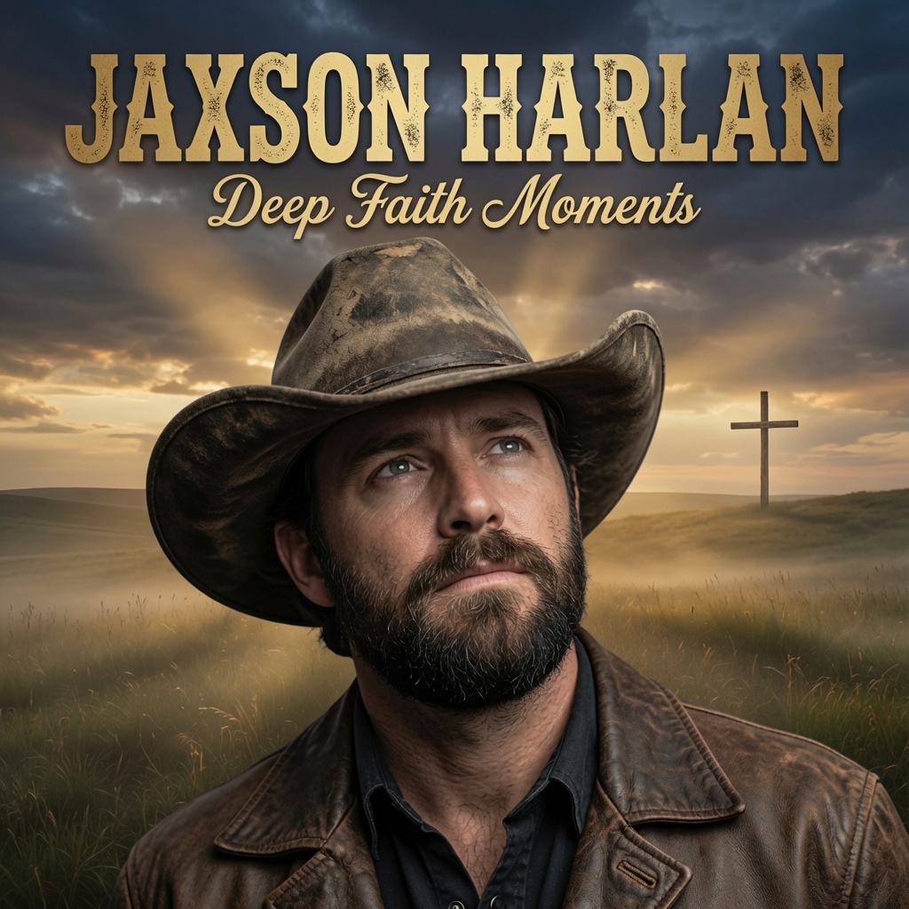Jaxson Harlan in a dark country landscape with cross at sunset