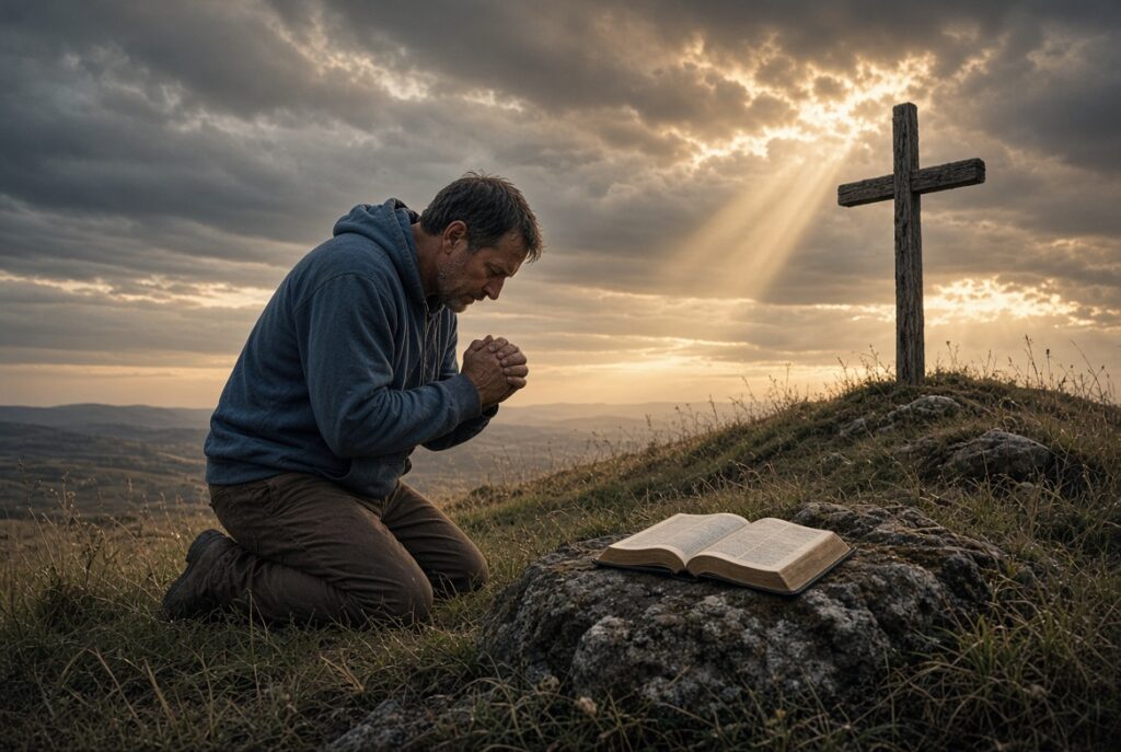 Man in Prayer before The Cross