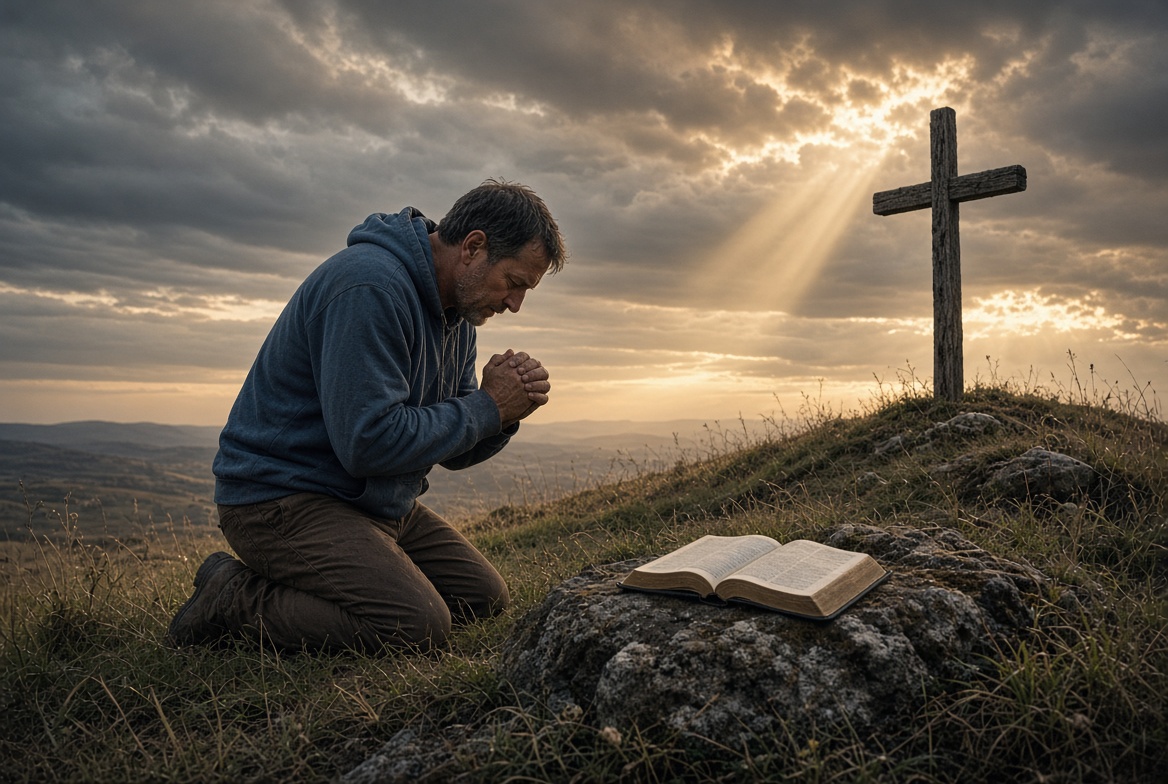 Man in Prayer before The Cross